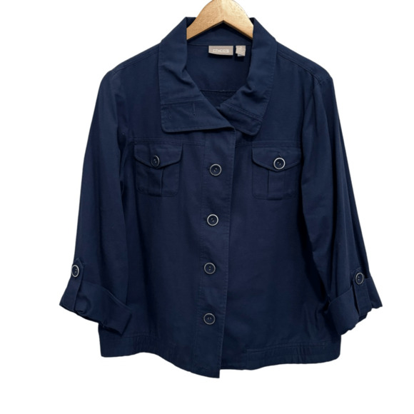 Chico's Jackets & Blazers - Chico's XL (Size 3) Cotton Boxy Blazer Jacket with Mock Neck - Navy Blue